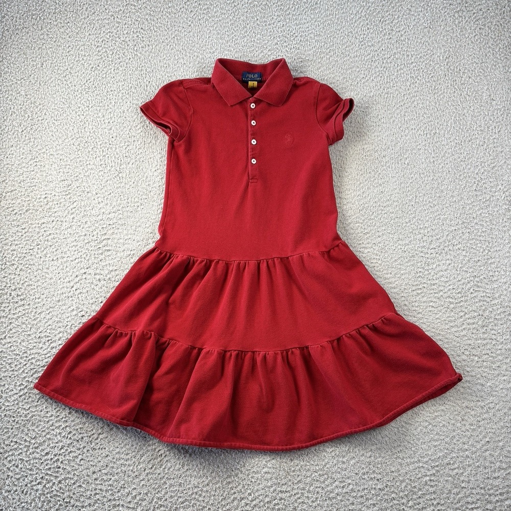 Polo Ralph Lauren Tiered Shirt Dress Girls 7 Red Preppy Summer Collared